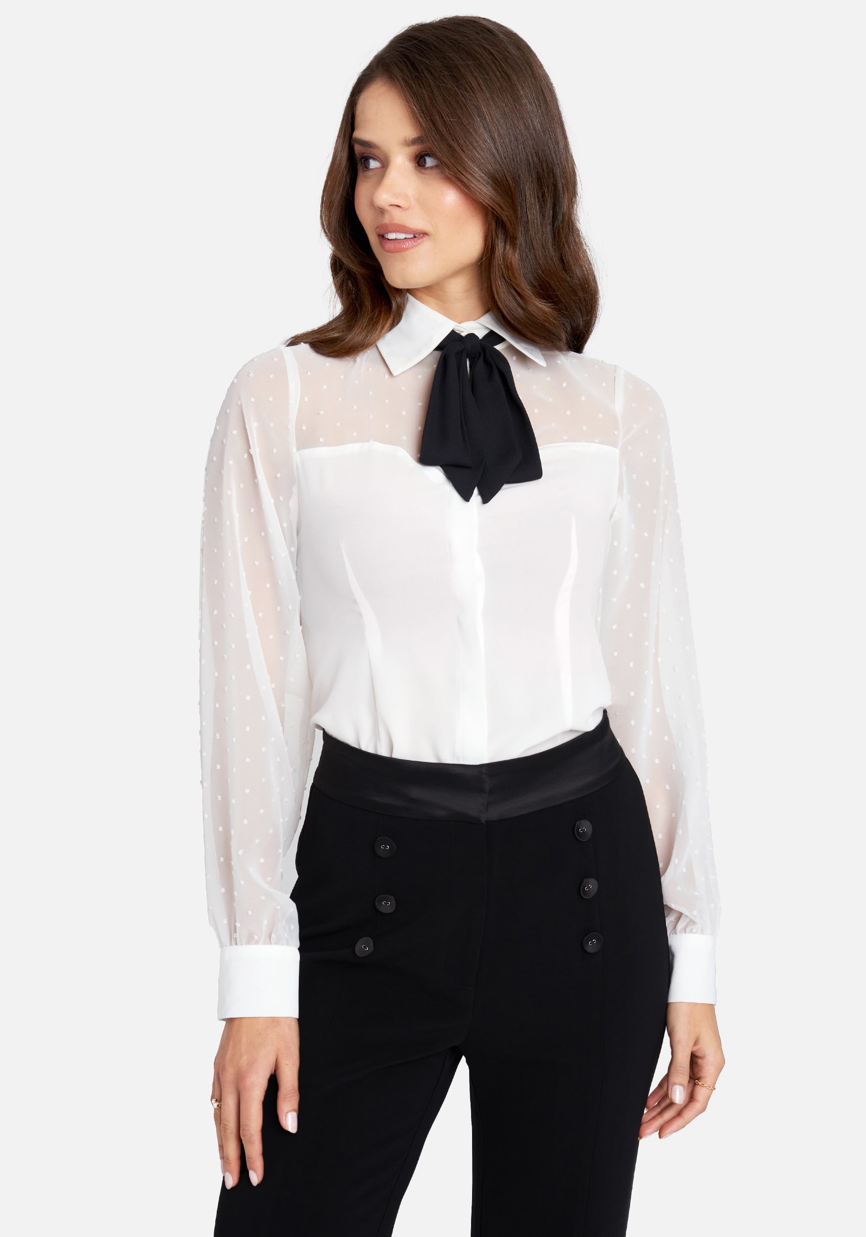 Woven Crepe Swiss Dot Yoke Blouse & Removable Neck Tie
