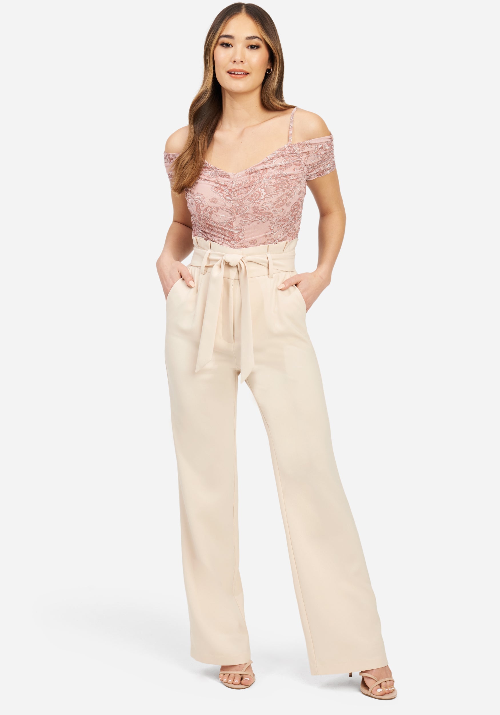 High Waist Paper Bag Self Tie Wide Leg Pant