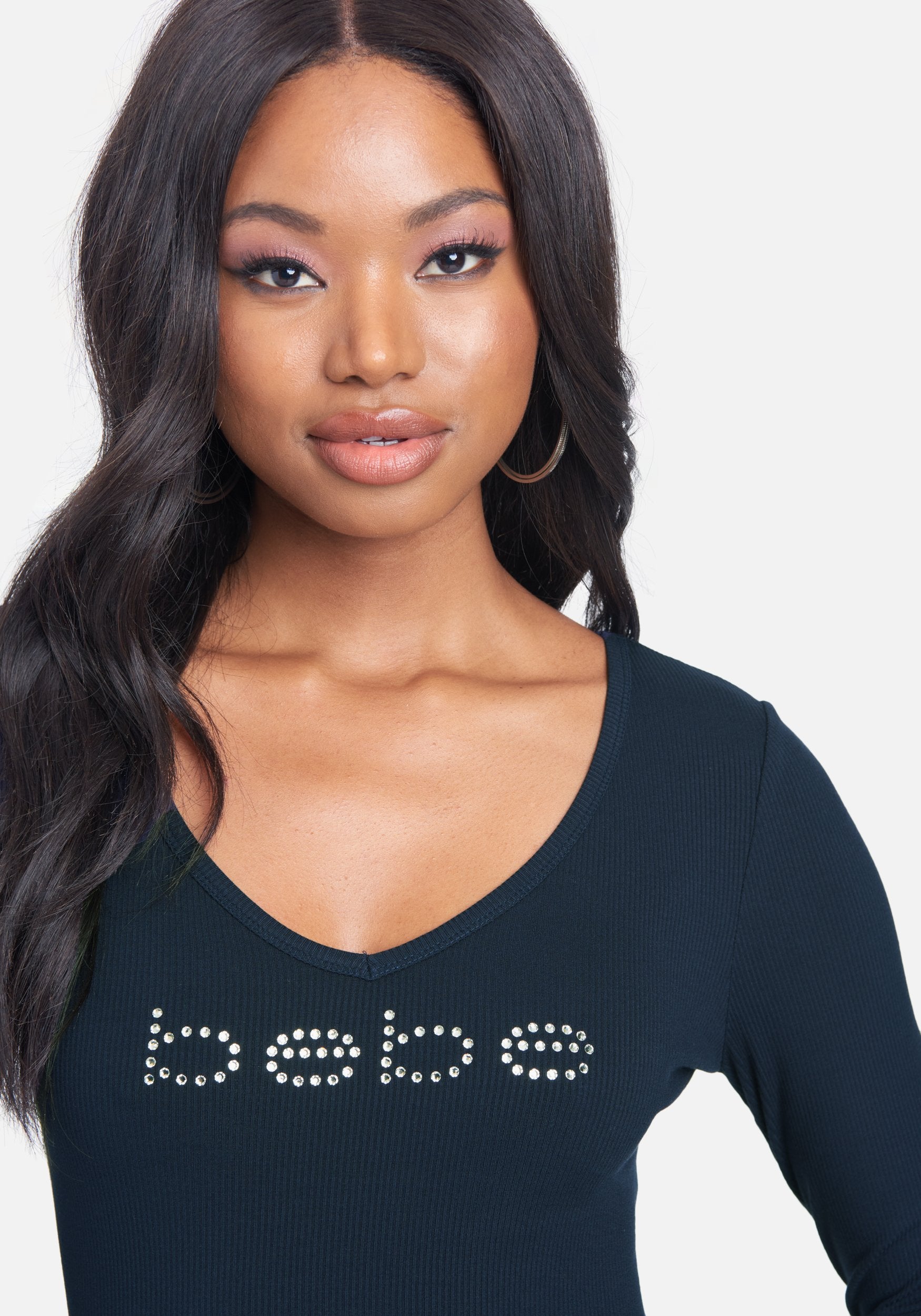 Crystal Logo V-Neck Long Sleeve Tee