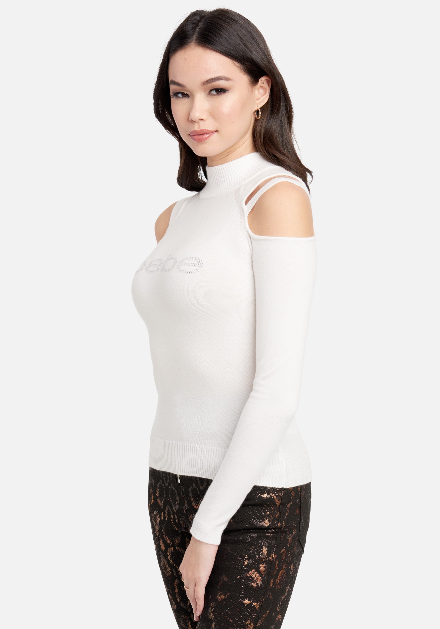Bebe Logo Strappy Cold Shoulder Mock Neck Sweater