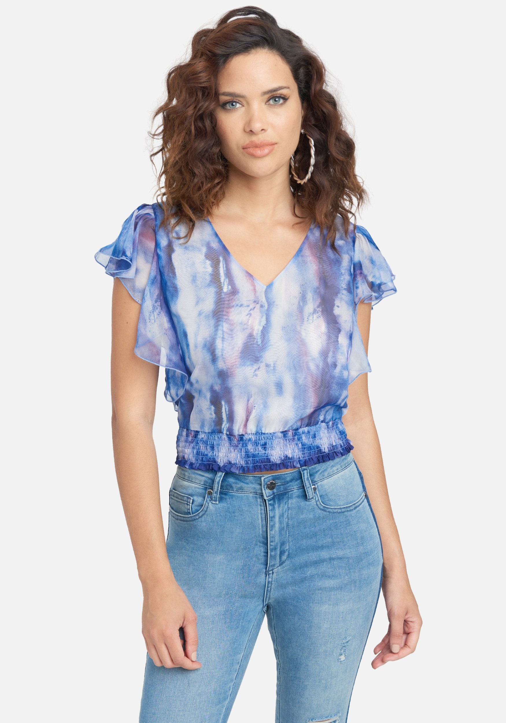 Printed Chiffon Flutter Sleeve Woven Top