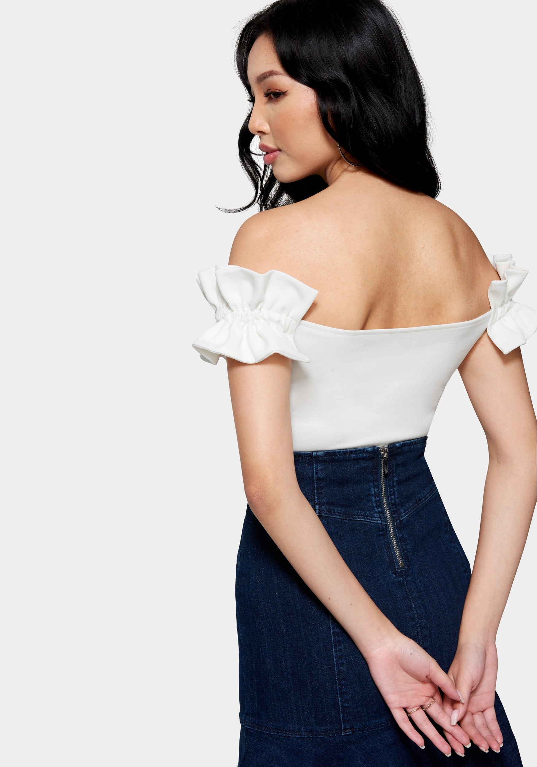 Knit Crepe Off Shoulder Ruffle Top