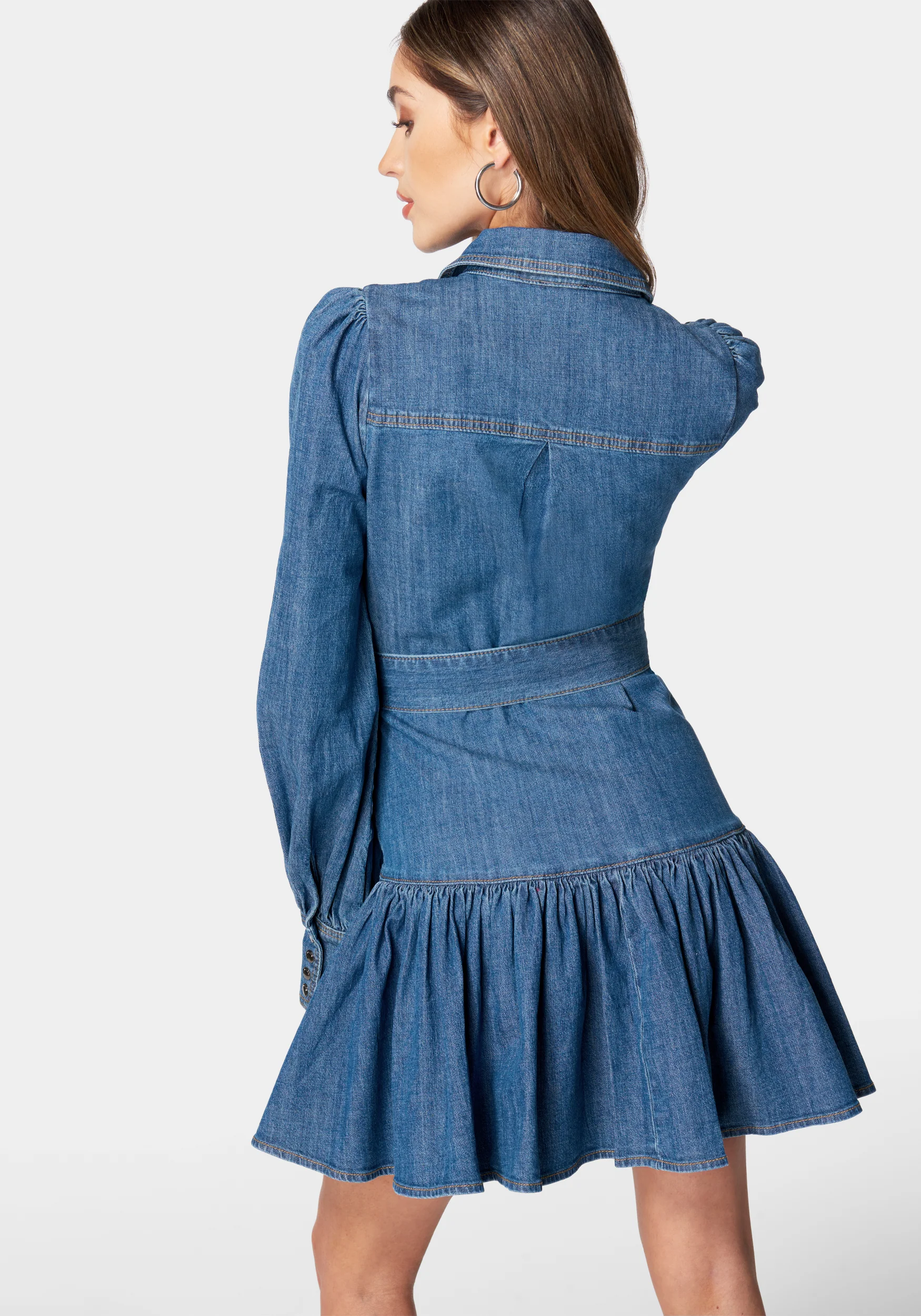 Balloon Sleeves Fit And Flare Denim Dress