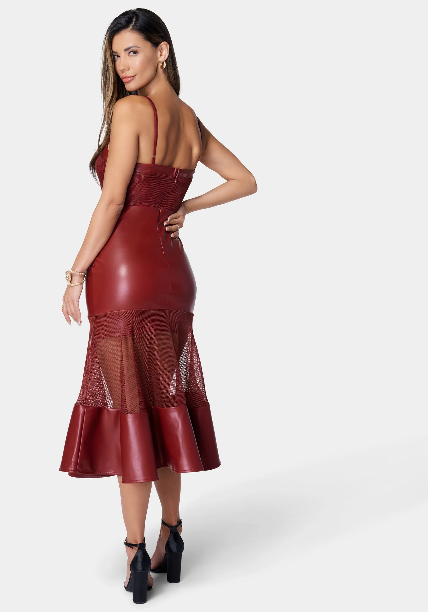 Mesh And Faux Leather Flare Dress