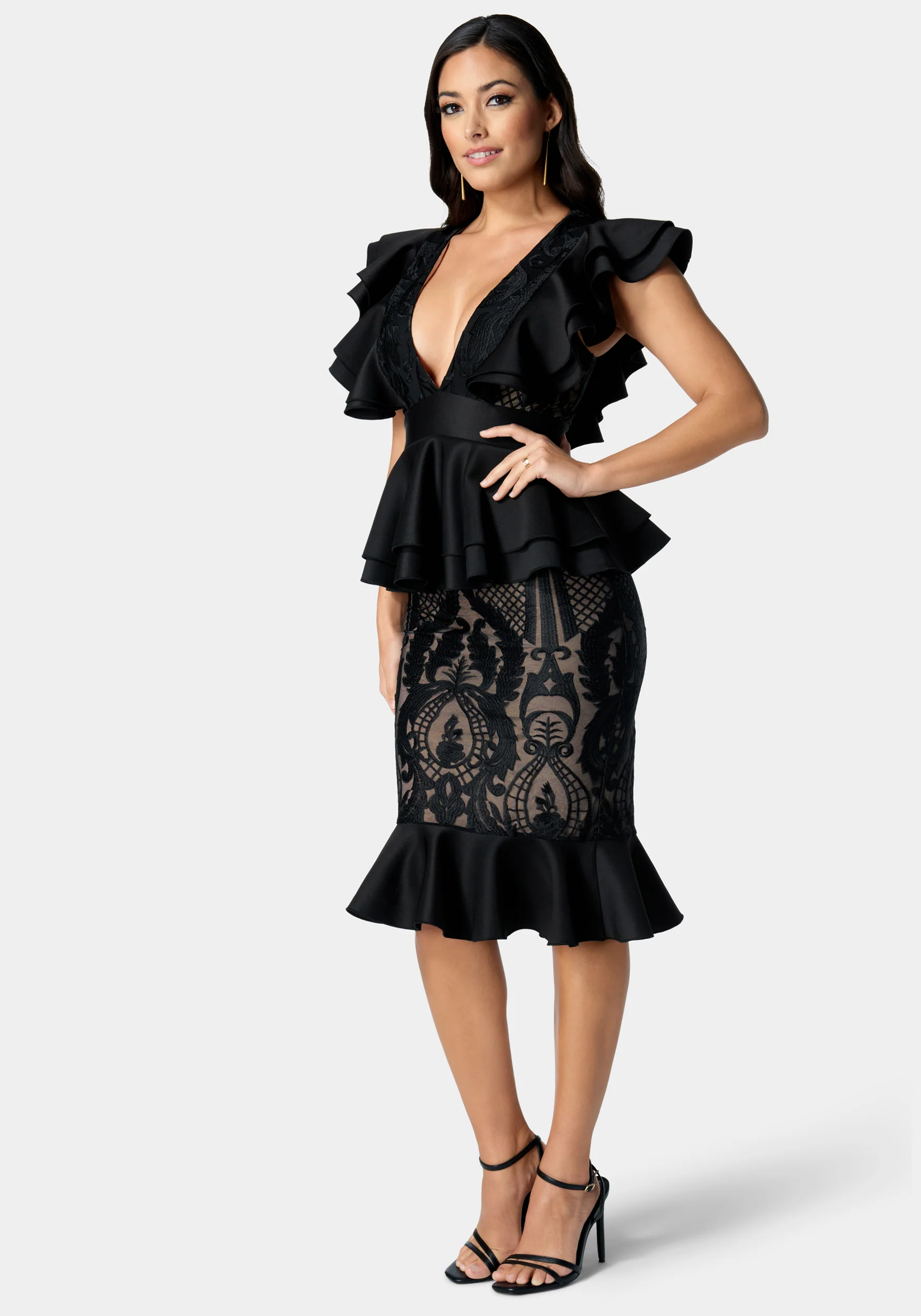 Lace Ruffle Peplum Pencil Dress