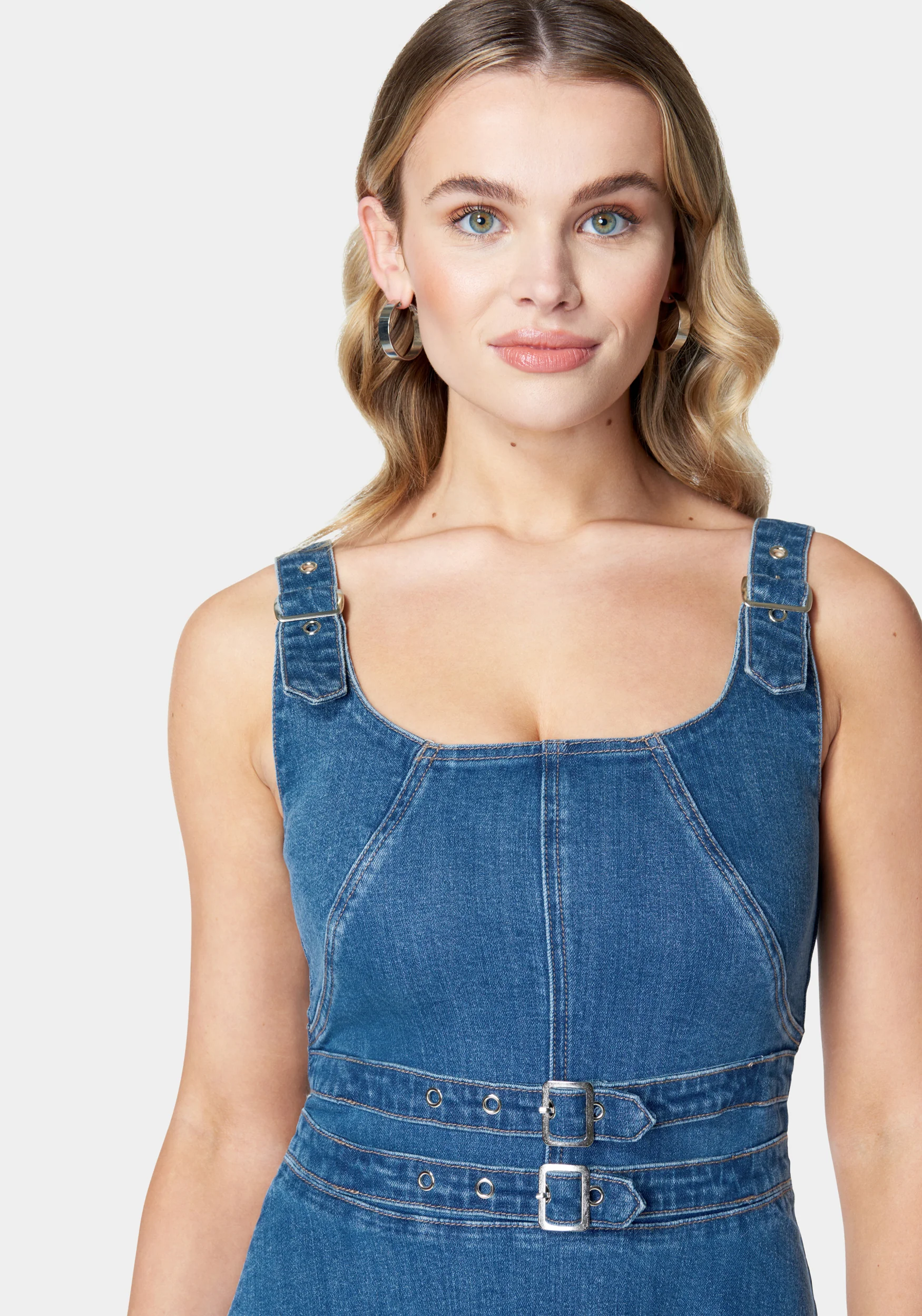 Belt Buckle Detail Fit & Flare Denim Dress