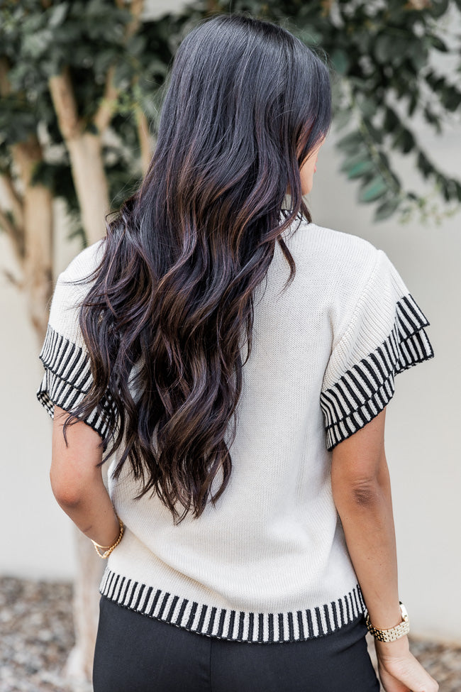 Piece Of My Heart Ivory And Black Short Sleeve Trim Detail Sweater