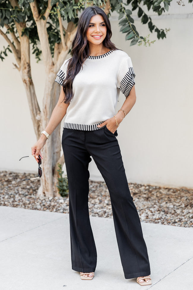 Piece Of My Heart Ivory And Black Short Sleeve Trim Detail Sweater