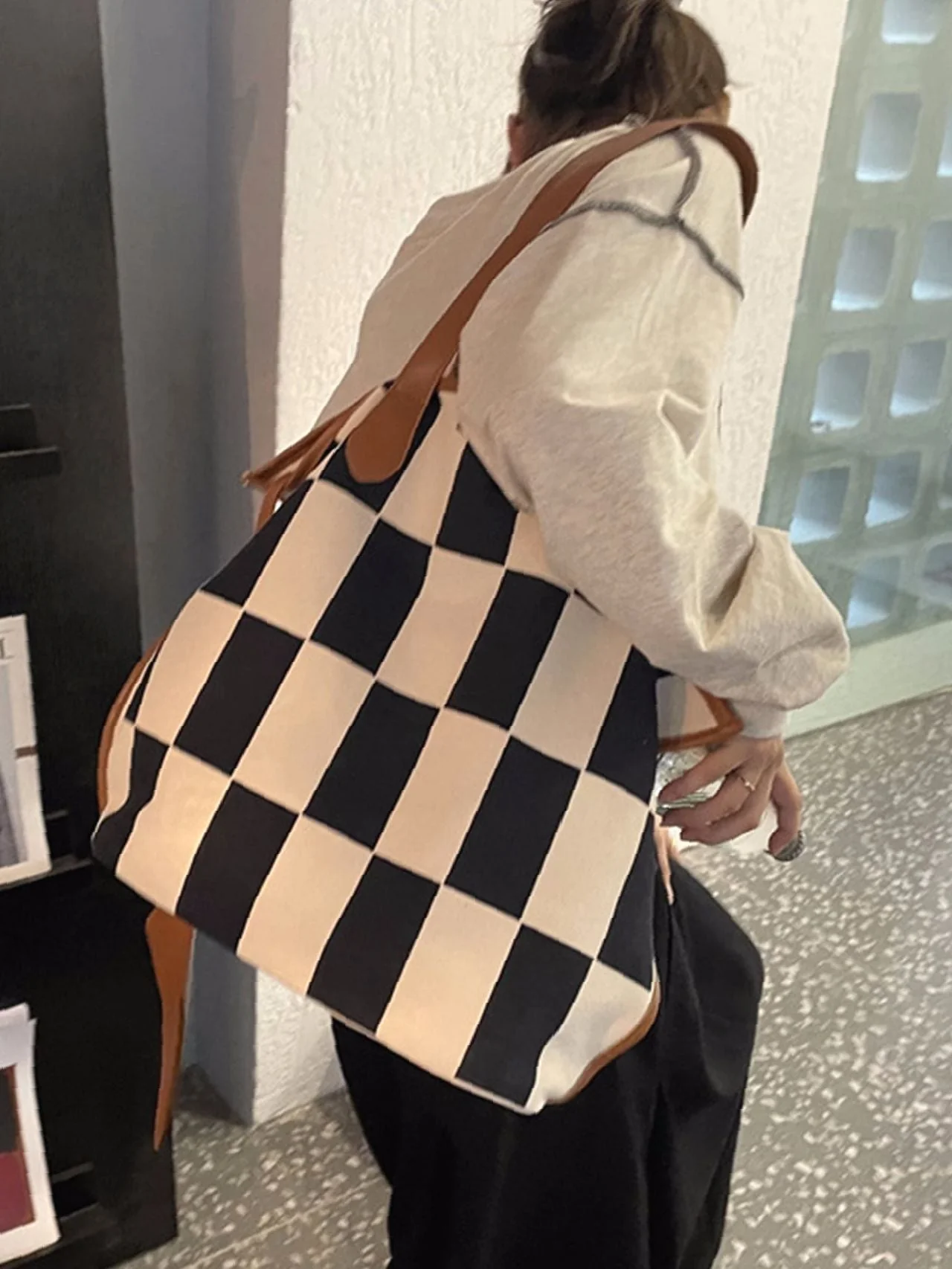 Bag For Love - Checkered Pattern Large Capacity Shoulder Tote Bag  - Women Tote Bags