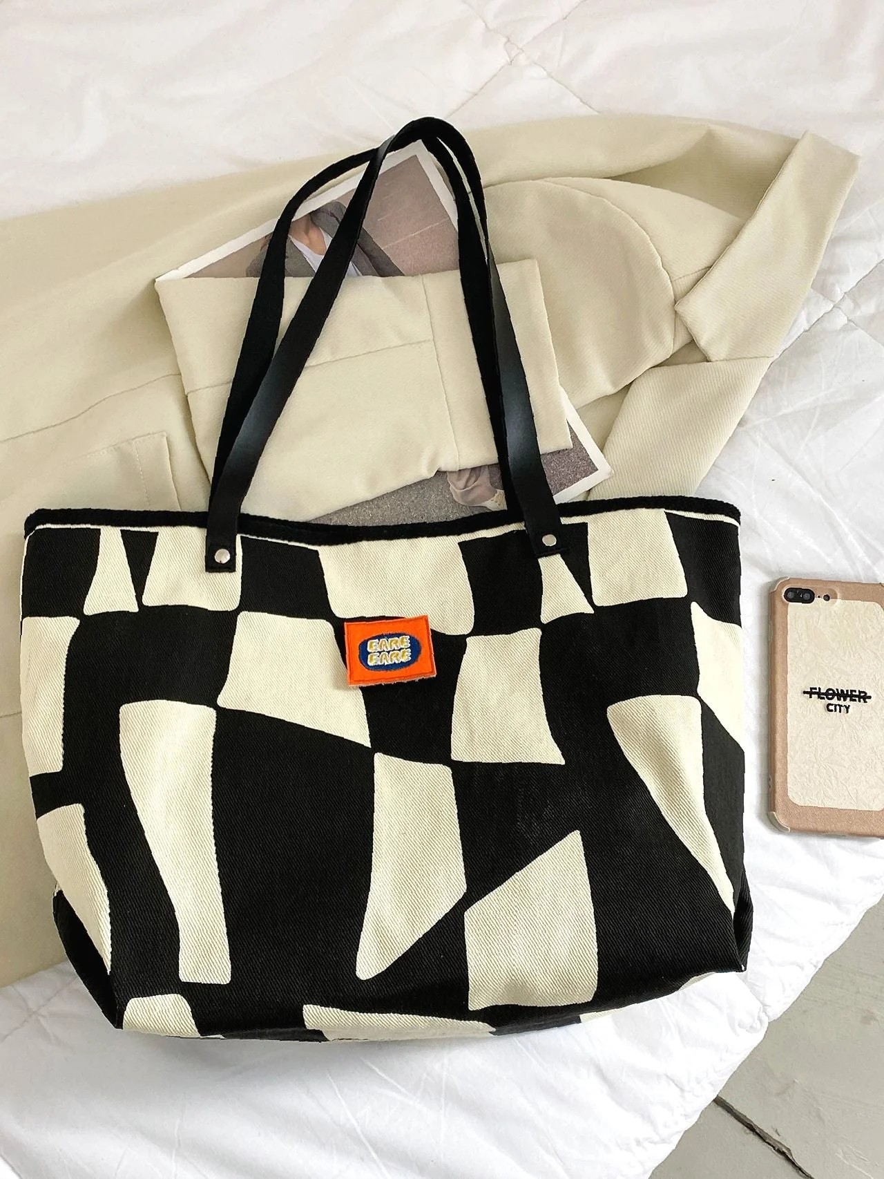 Bag For Love - Two Tone Patch Decor Shoulder Tote Bag  - Women Tote Bags