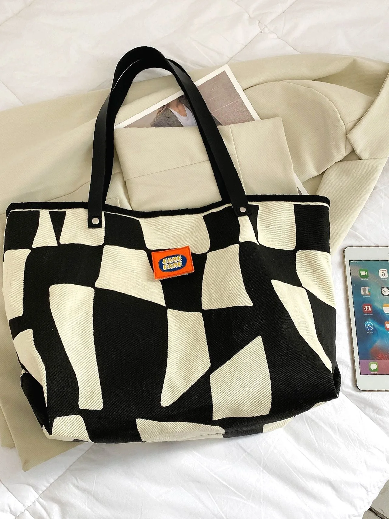 Bag For Love - Two Tone Patch Decor Shoulder Tote Bag  - Women Tote Bags