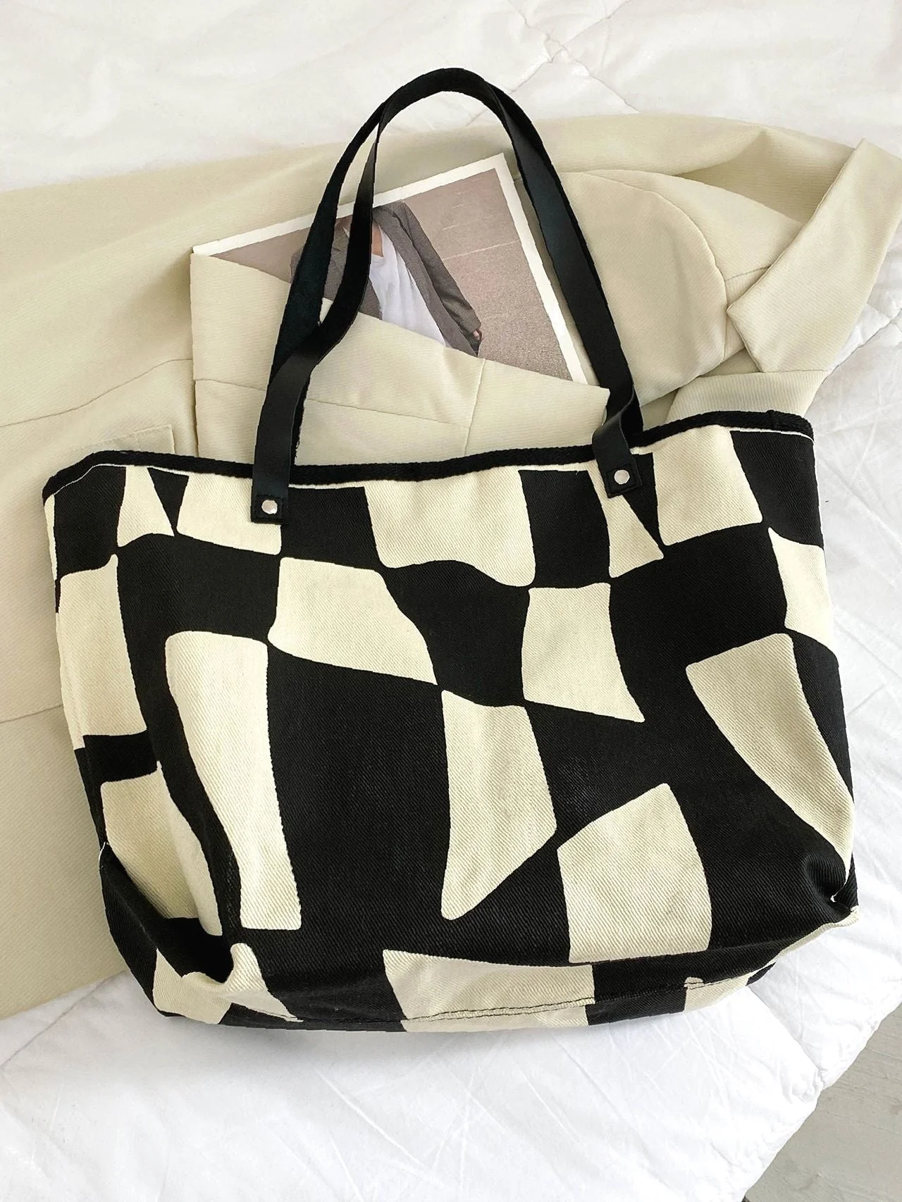 Bag For Love - Two Tone Patch Decor Shoulder Tote Bag  - Women Tote Bags