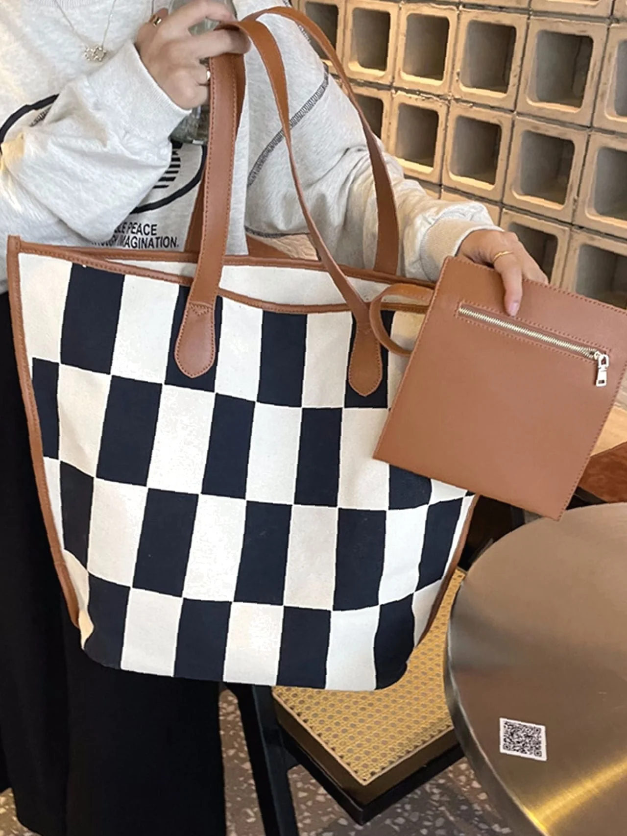Bag For Love - Checkered Pattern Large Capacity Shoulder Tote Bag  - Women Tote Bags