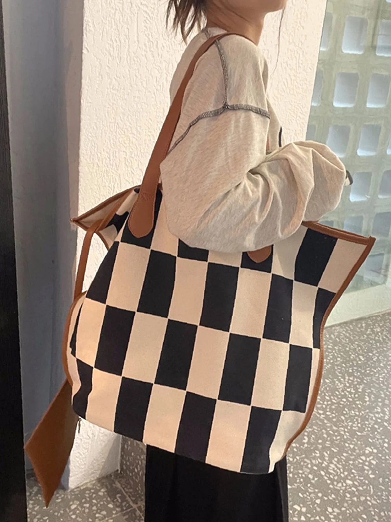 Bag For Love - Checkered Pattern Large Capacity Shoulder Tote Bag  - Women Tote Bags