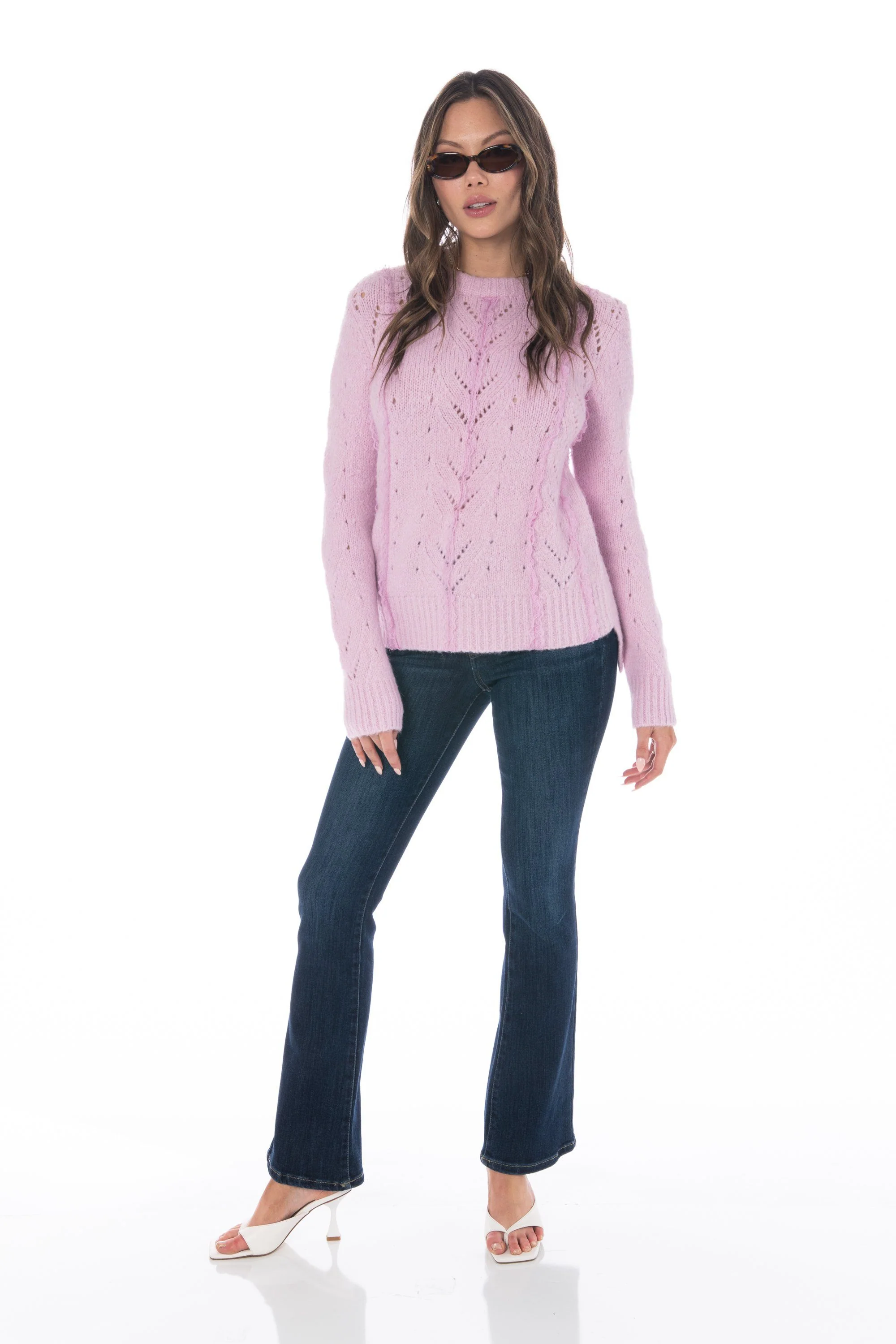 Long Sleeve Laced Knit Crew Neck Sweater Lavender