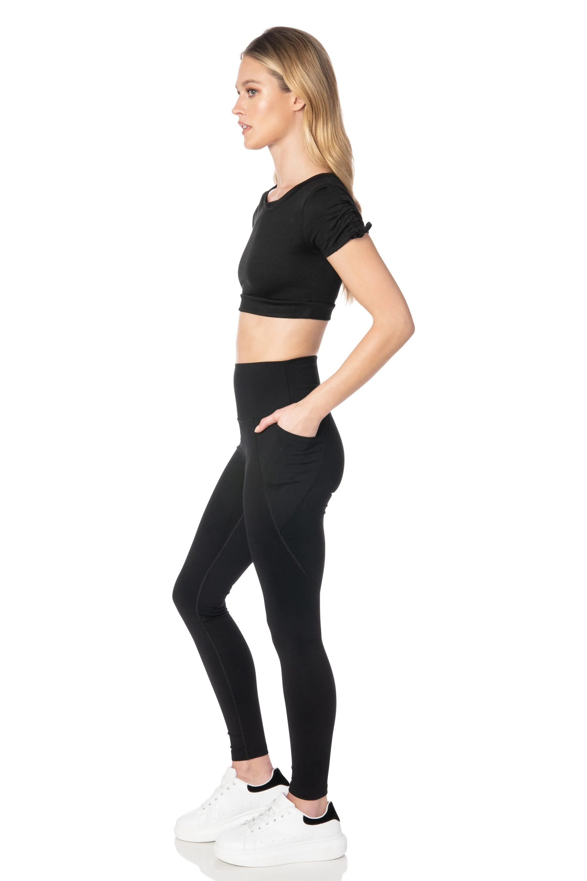 Black Shirred Sleeve Crop Top - Hypeach Active