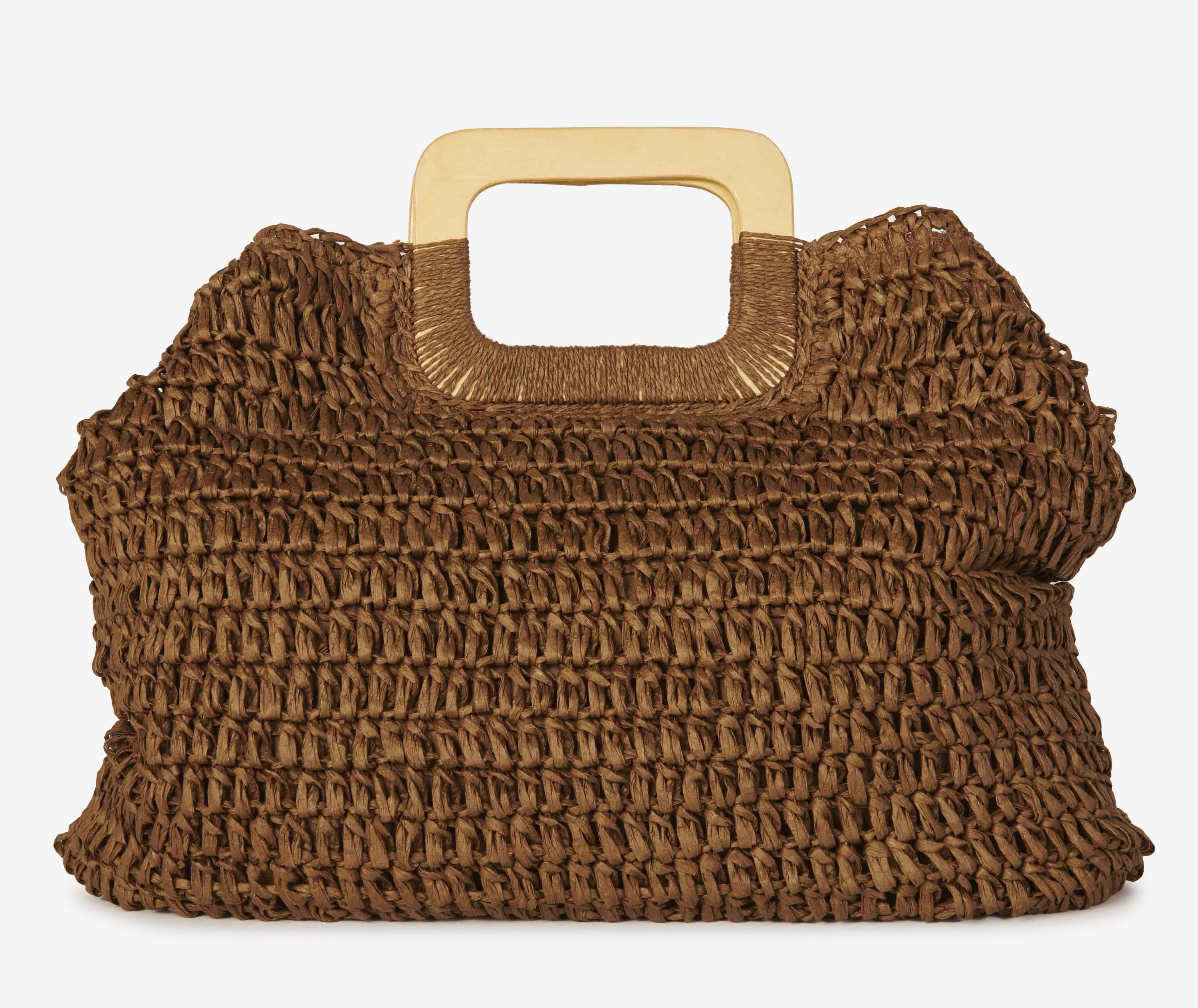 Melie Bianco Brown Eco-Friendly Straw Wooden Handle Tote Bag