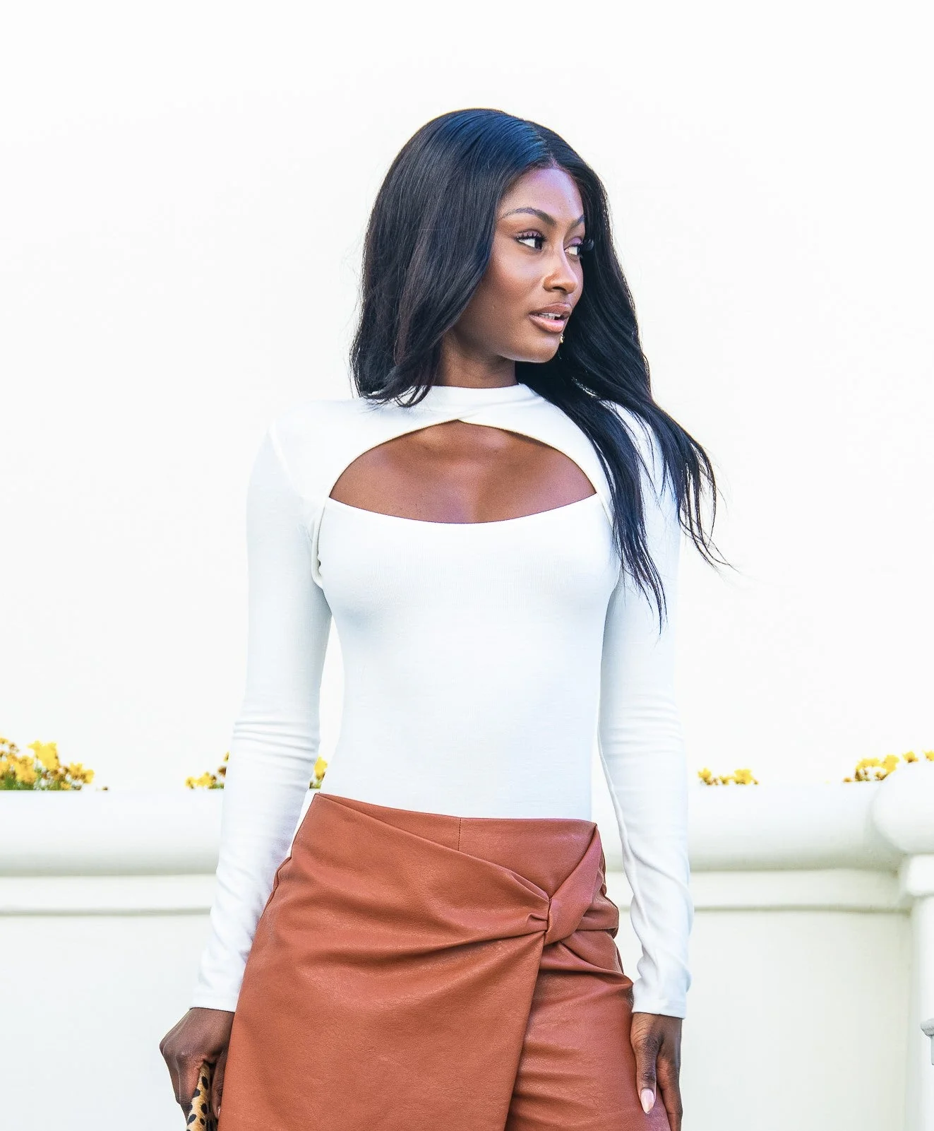 Winter White Long Sleeve Mock Neck Cut-Out Bodysuit