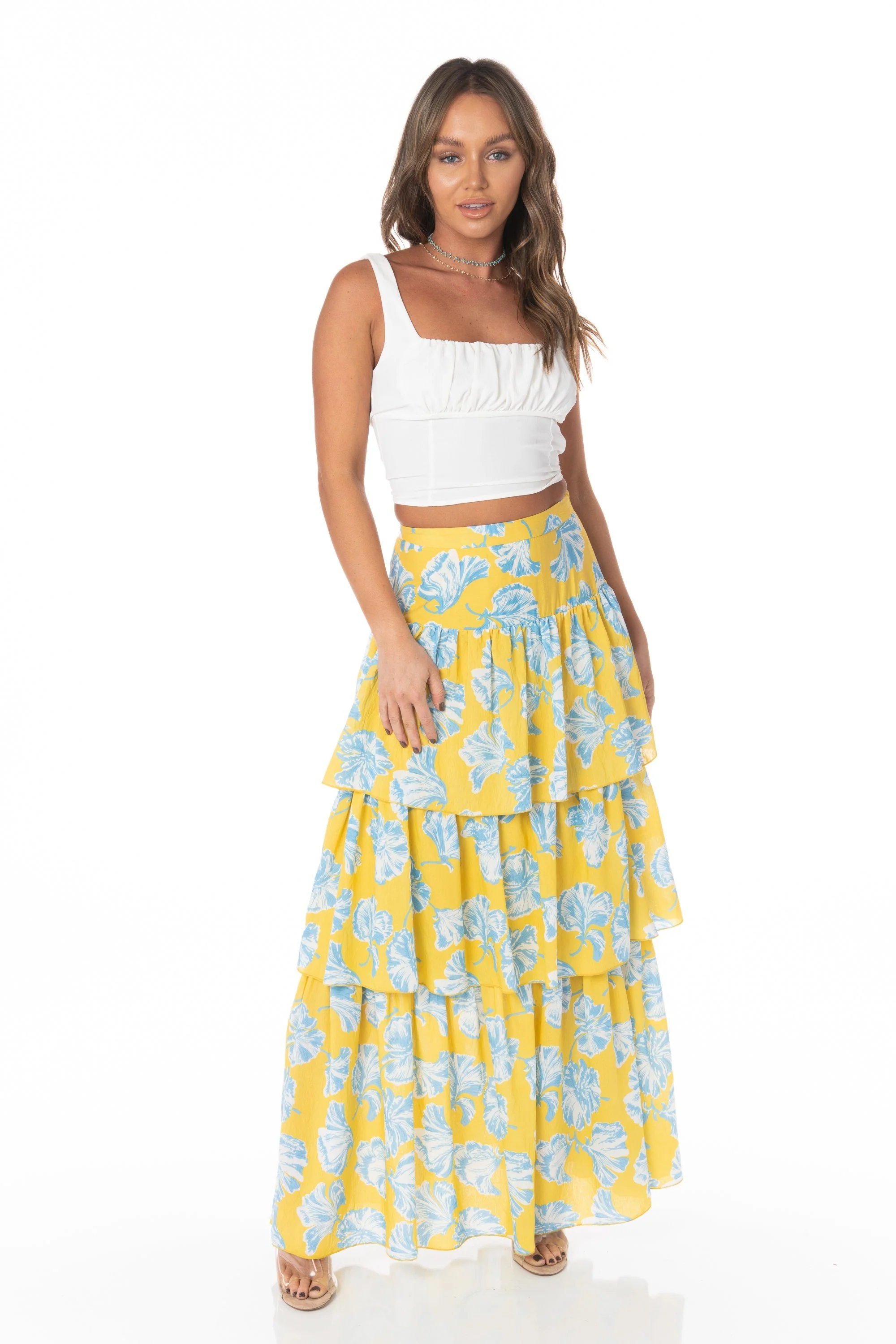 White Cropped Square Neck Ruched Bust Tank