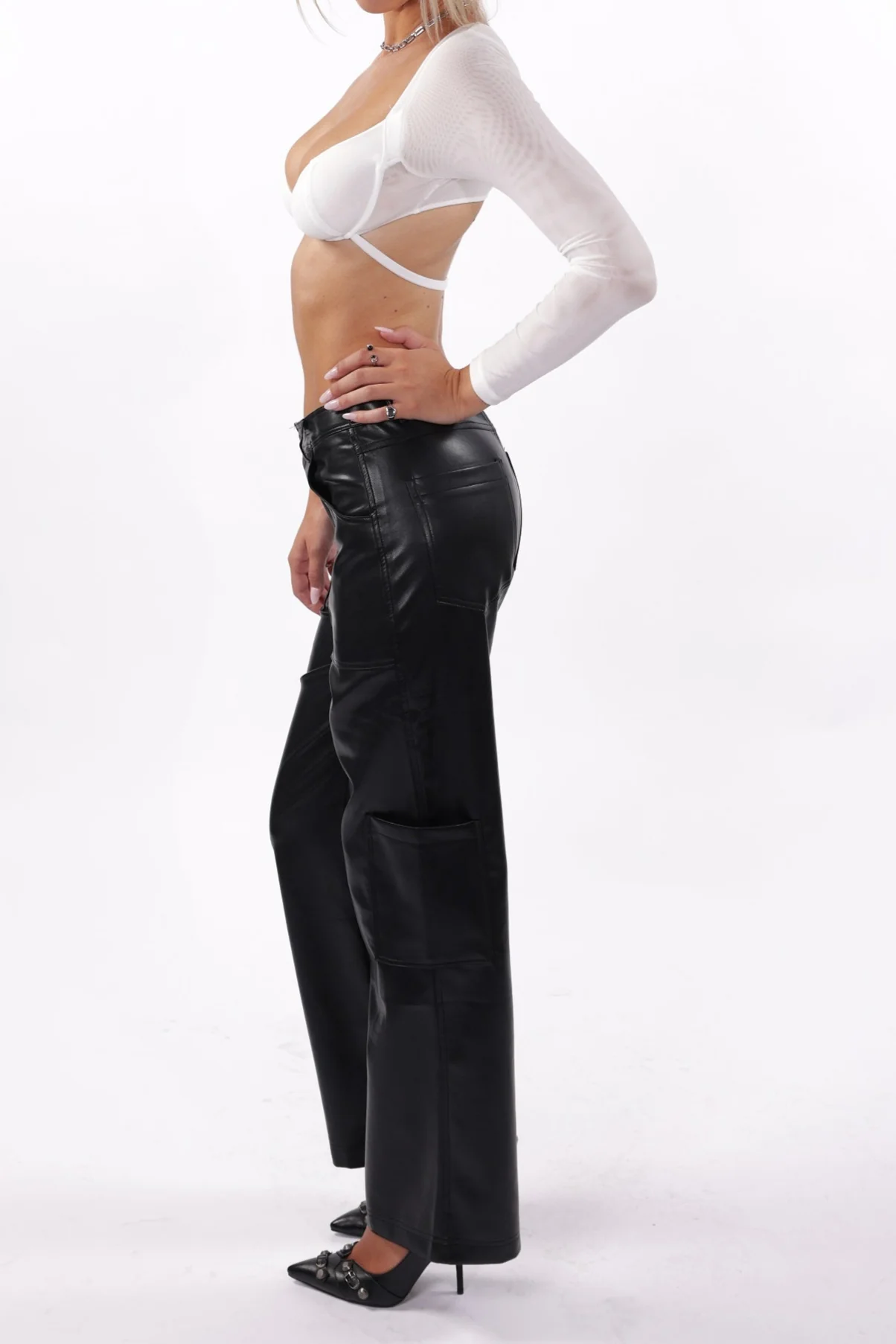 It Girl Cargo Trousers Faux Leather Black