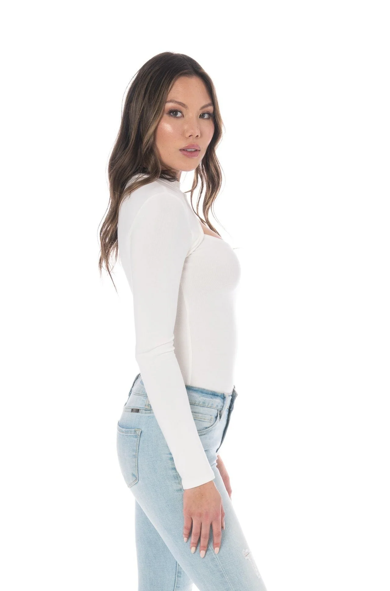 Winter White Long Sleeve Mock Neck Cut-Out Bodysuit