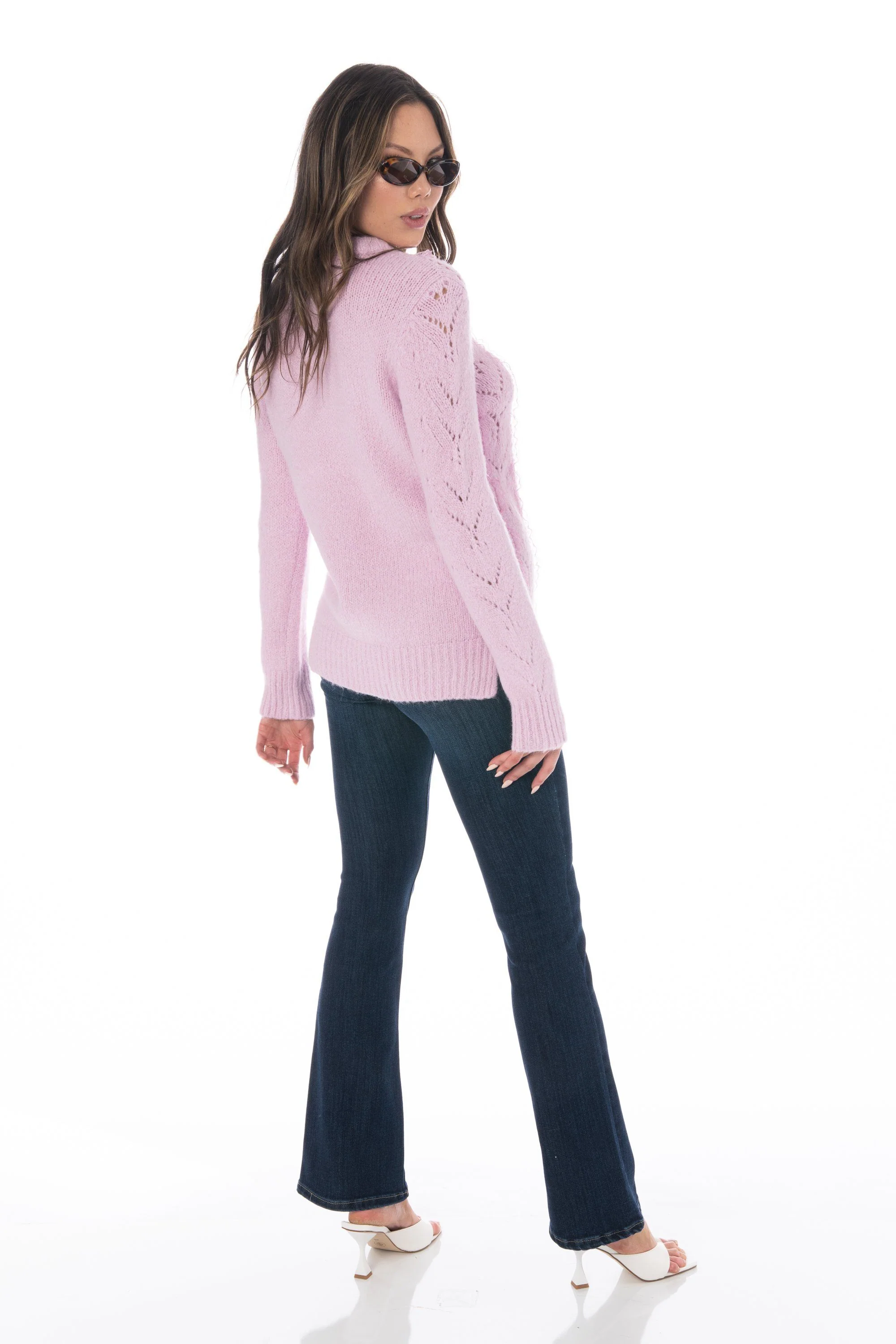 Long Sleeve Laced Knit Crew Neck Sweater Lavender