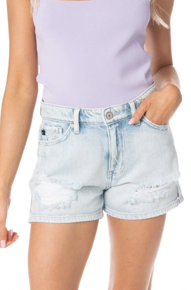 Kancan Denim Boyfriend Shorts High Waist Distressed Light Wash