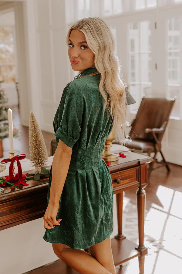 Cue The Cocktails Corduroy Mini Dress in Hunter Green