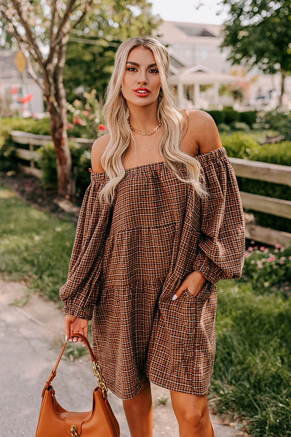Pumpkin Spice Cutie Plaid Mini Dress in Brown