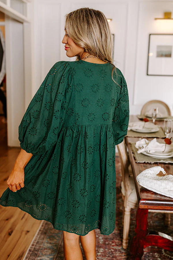 Totally Chic Eyelet Mini Dress in Hunter Green