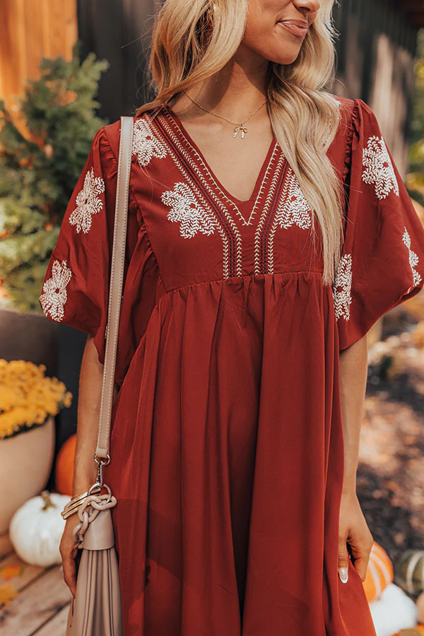 Tucson Sunsets Embroidered Mini Dress in Dark Scarlet