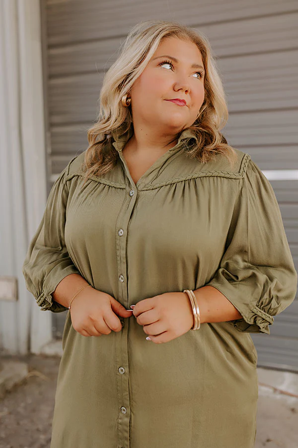 Falling Leaves Button Down Mini Dress in Olive Curves