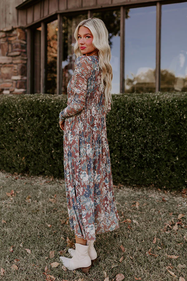 Vineyard Cutie Asymmetrical Floral Mesh Midi in Mocha