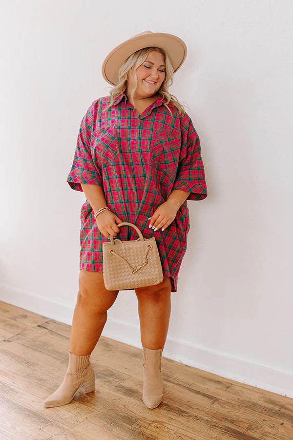 Cider Sippin' Oversized Plaid Mini Dress in Pink Curves