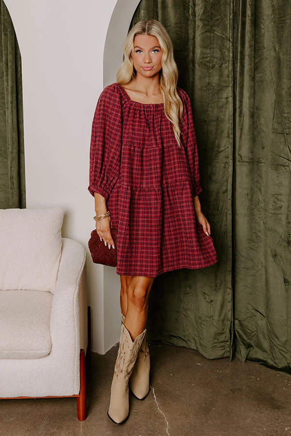 Pumpkin Spice Cutie Plaid Mini Dress in Wine