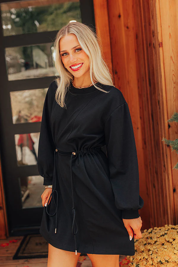 Latte Run Drawstring Mini Dress in Black
