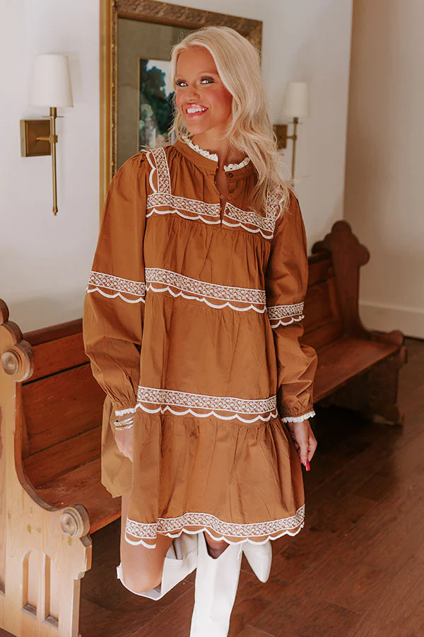 Thankful Moment Embroidered Mini Dress in Brown