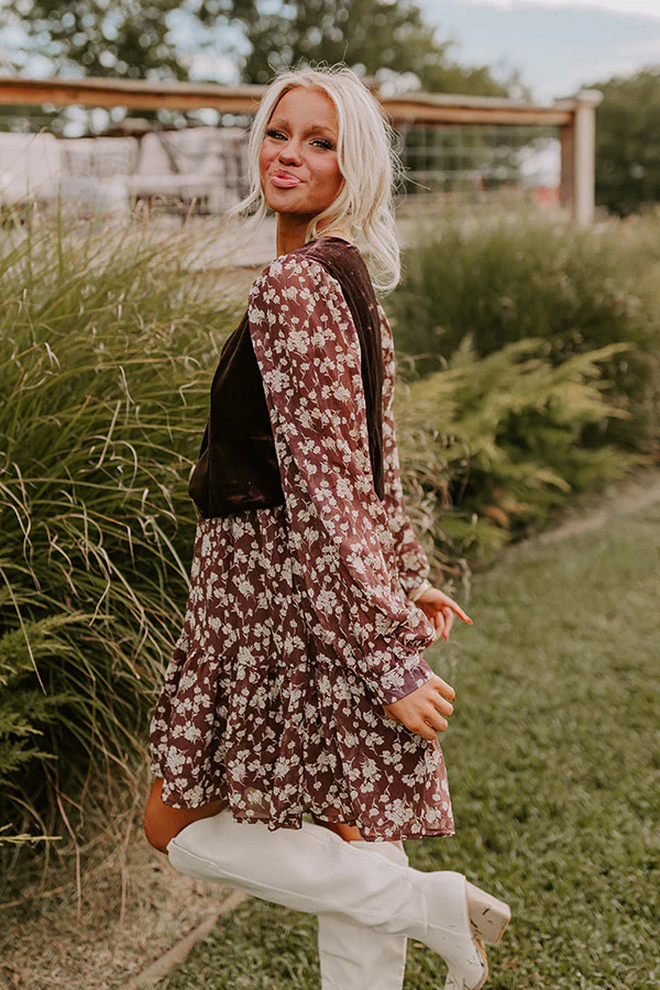 Uptown Cafe Floral Mini Dress in Chestnut