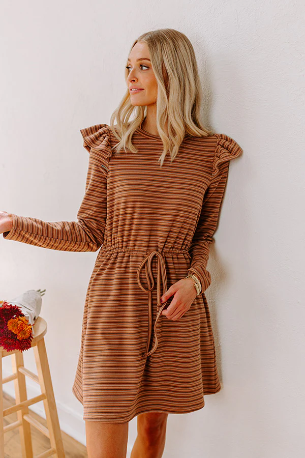 Harvest Harmony Stripe Mini Dress in Camel