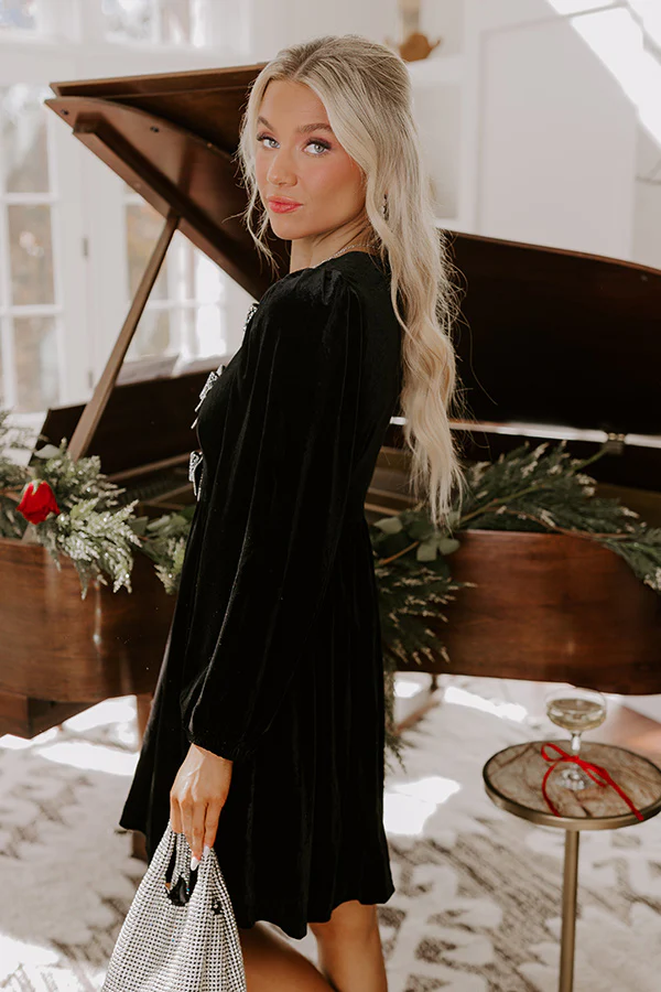 Bows And Kisses Velvet Mini Dress in Black