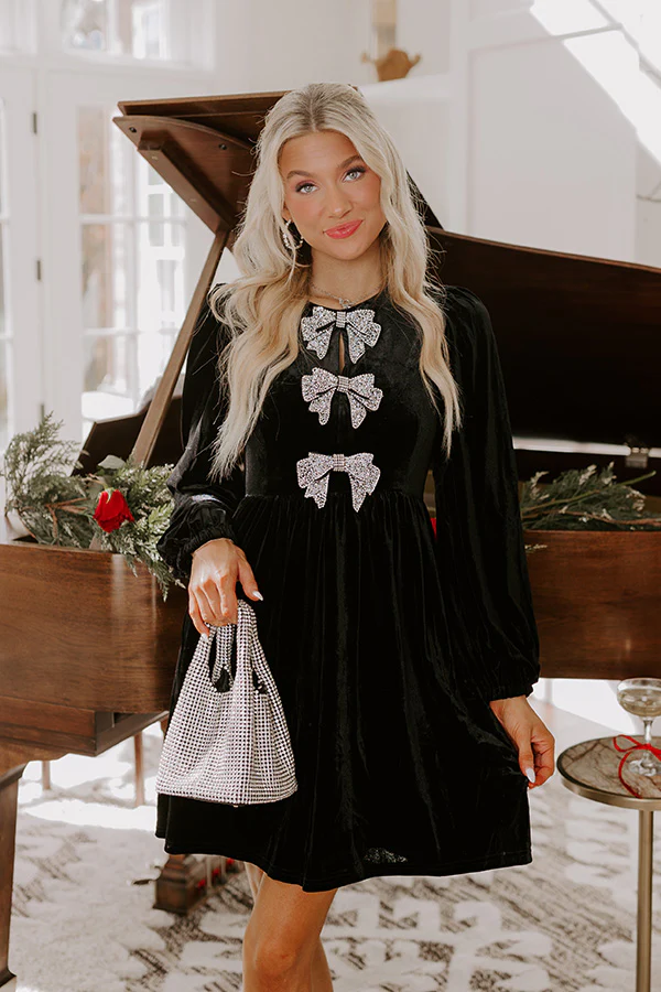 Bows And Kisses Velvet Mini Dress in Black