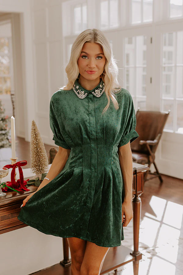 Cue The Cocktails Corduroy Mini Dress in Hunter Green