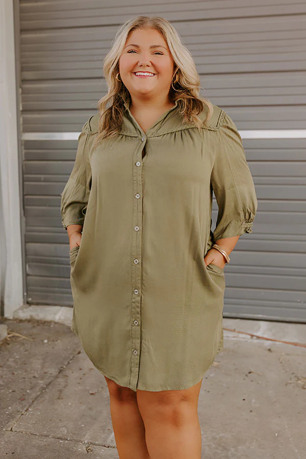 Falling Leaves Button Down Mini Dress in Olive Curves