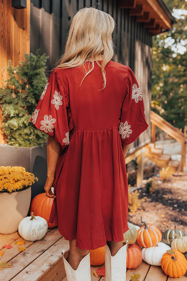 Tucson Sunsets Embroidered Mini Dress in Dark Scarlet