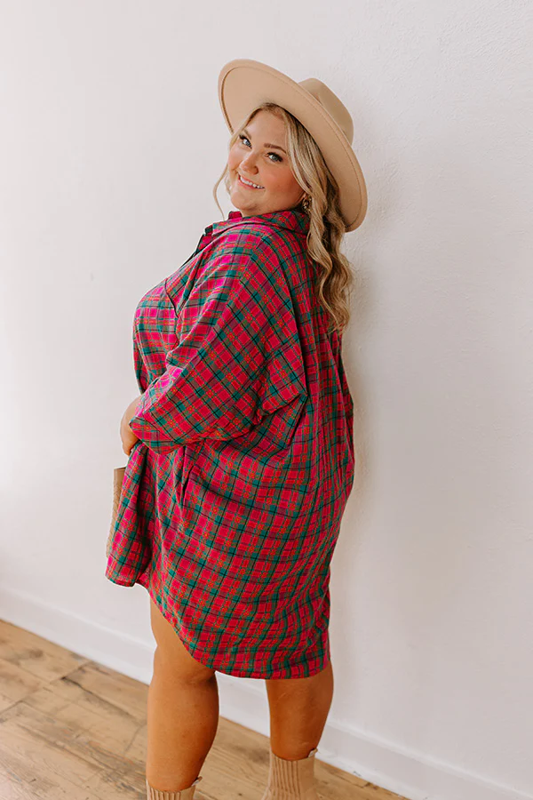 Cider Sippin' Oversized Plaid Mini Dress in Pink Curves