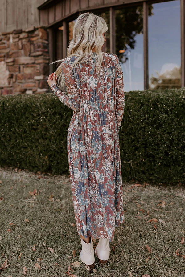 Vineyard Cutie Asymmetrical Floral Mesh Midi in Mocha