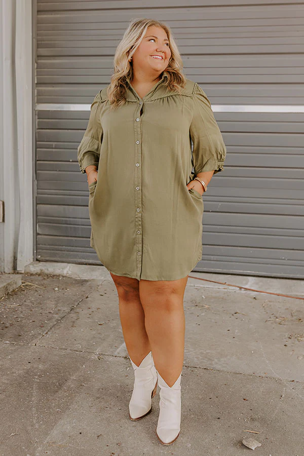 Falling Leaves Button Down Mini Dress in Olive Curves