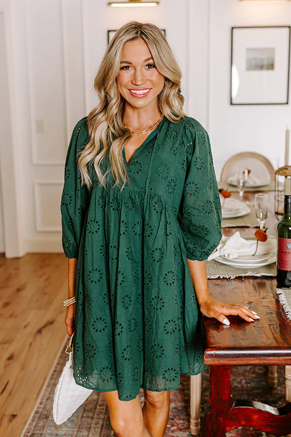 Totally Chic Eyelet Mini Dress in Hunter Green