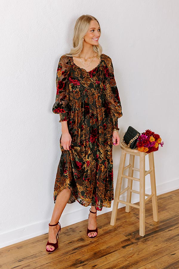 Harvest Garden Velvet Burnout Midi in Black