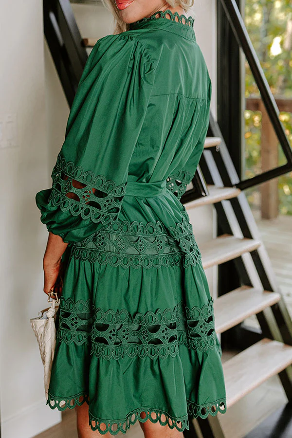 Candlelight Dinner Crochet Mini Dress in Hunter Green